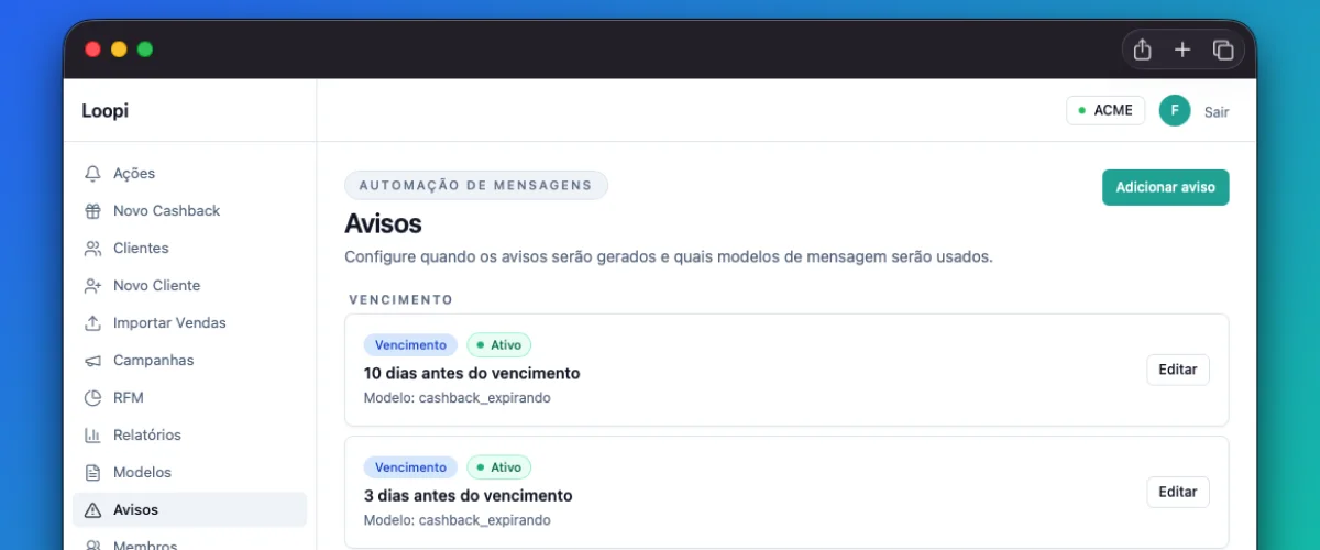 Configuração de alertas e régua de contato no Loopi